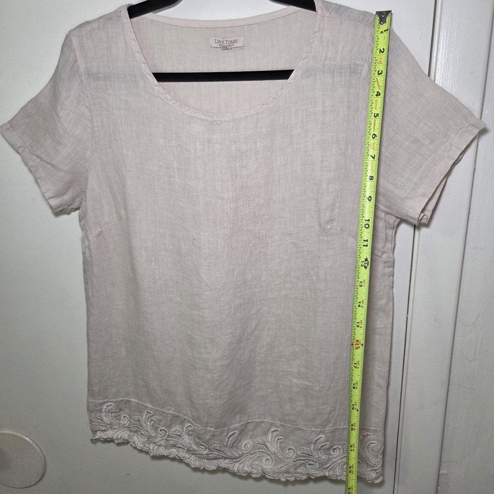 Lina Tomei Italy 100% Linen Embroidered Hem Blouse Top Beige Women's Size L - Picture 4 of 7